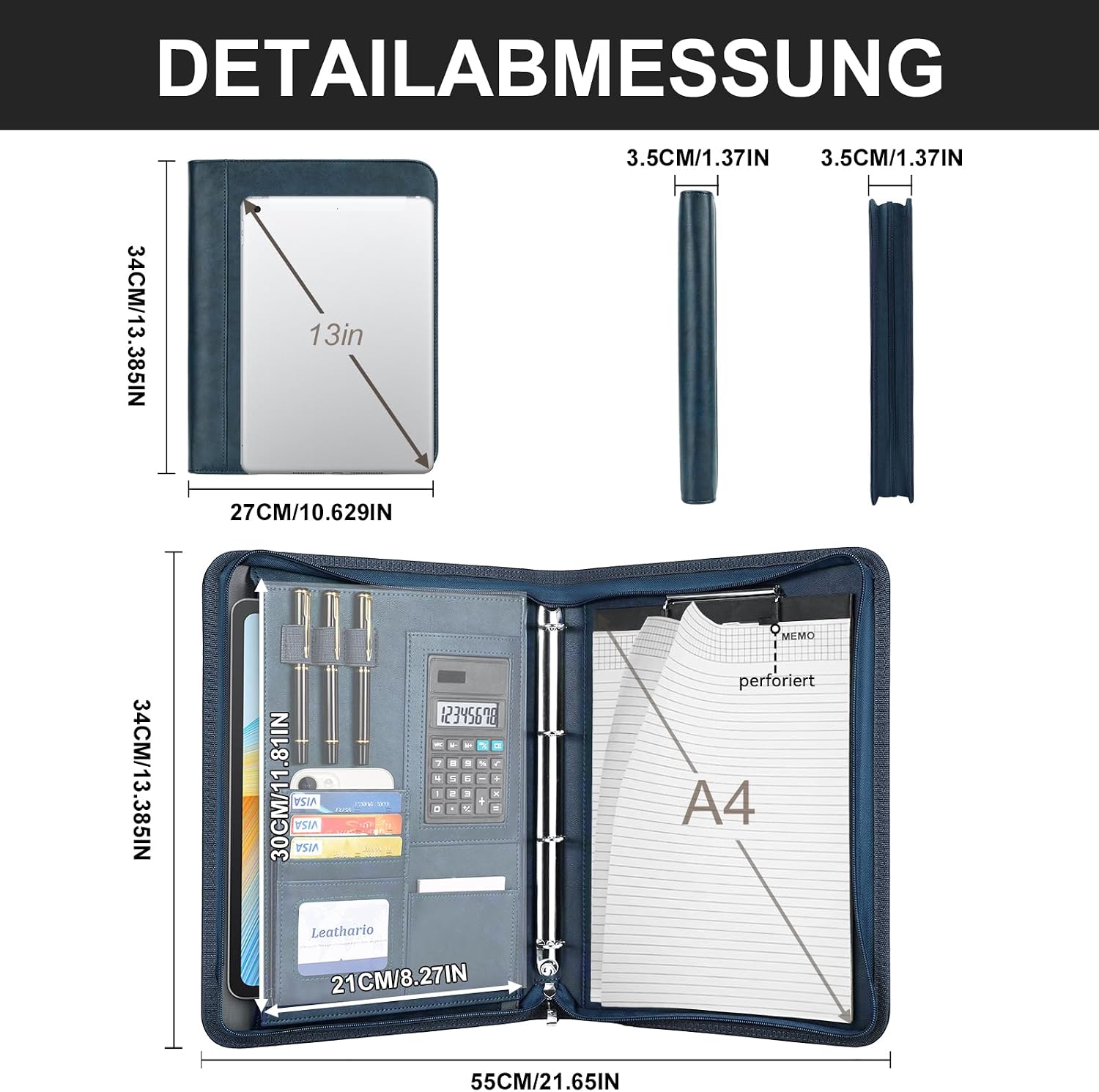 Detalle de Leathario A4 Konferenzmappe – Schreibmappe mit 4‑Ring, Reißverschluss und umfassendem Organisationssystem