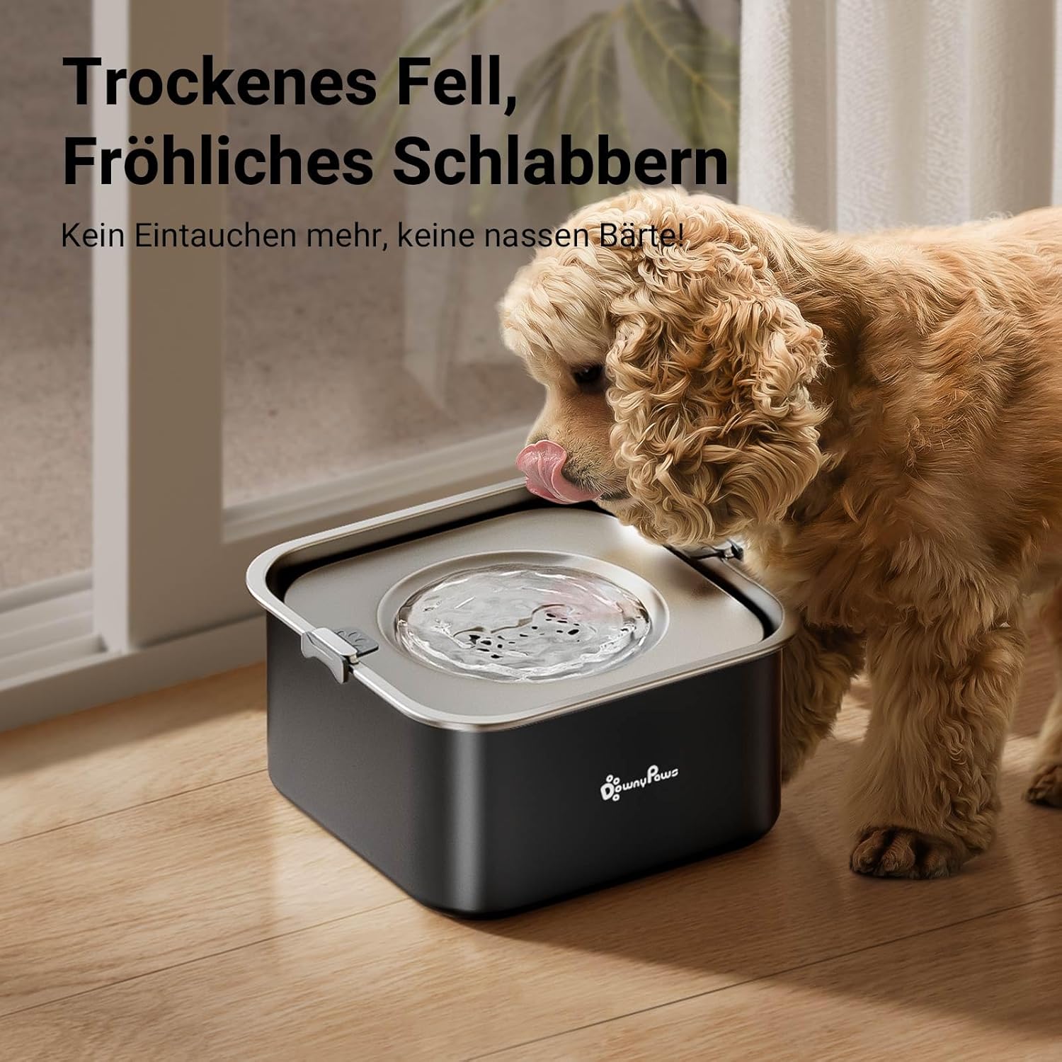 Detalle de DownyPaws Wassernapf für kleine & mittlere Hunde (ohne Sabbern), 3 L, 304 Edelstahl – Anti-Tropf, schwarz