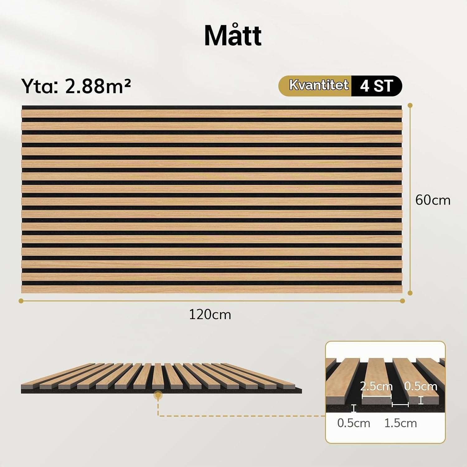 Detalle de TONOR 25070 akustikpaneler, 4-pack i teak, 120 x 60 cm
