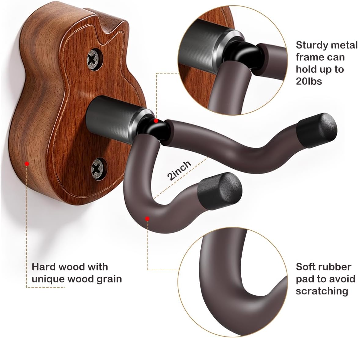 Thumbnail 5 de MUSO MiniGuitarHook 2-Pack Wood Guitar Wall Hangers, Adjustable U-Shaped Cradle