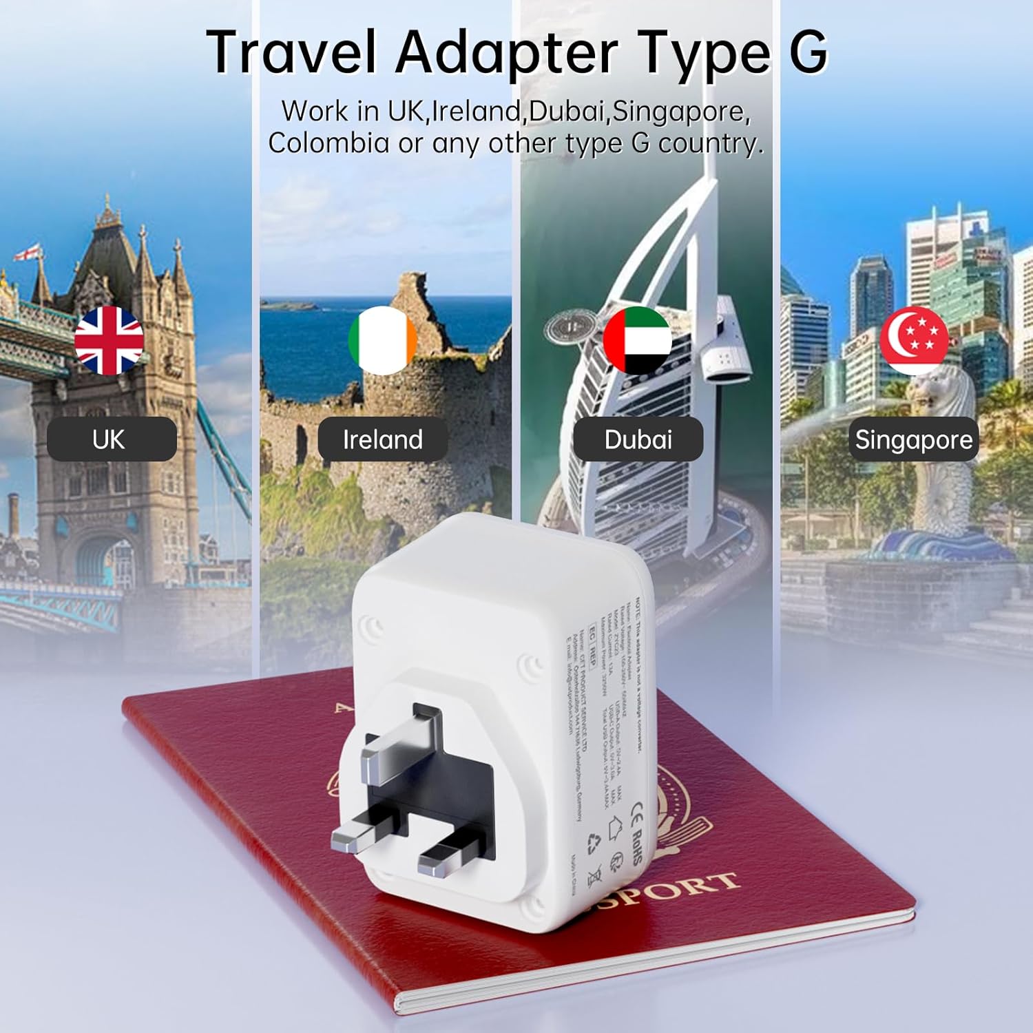 Detalle 2 de Reiseadapter UK Typ G mit 2×USB + USB‑C