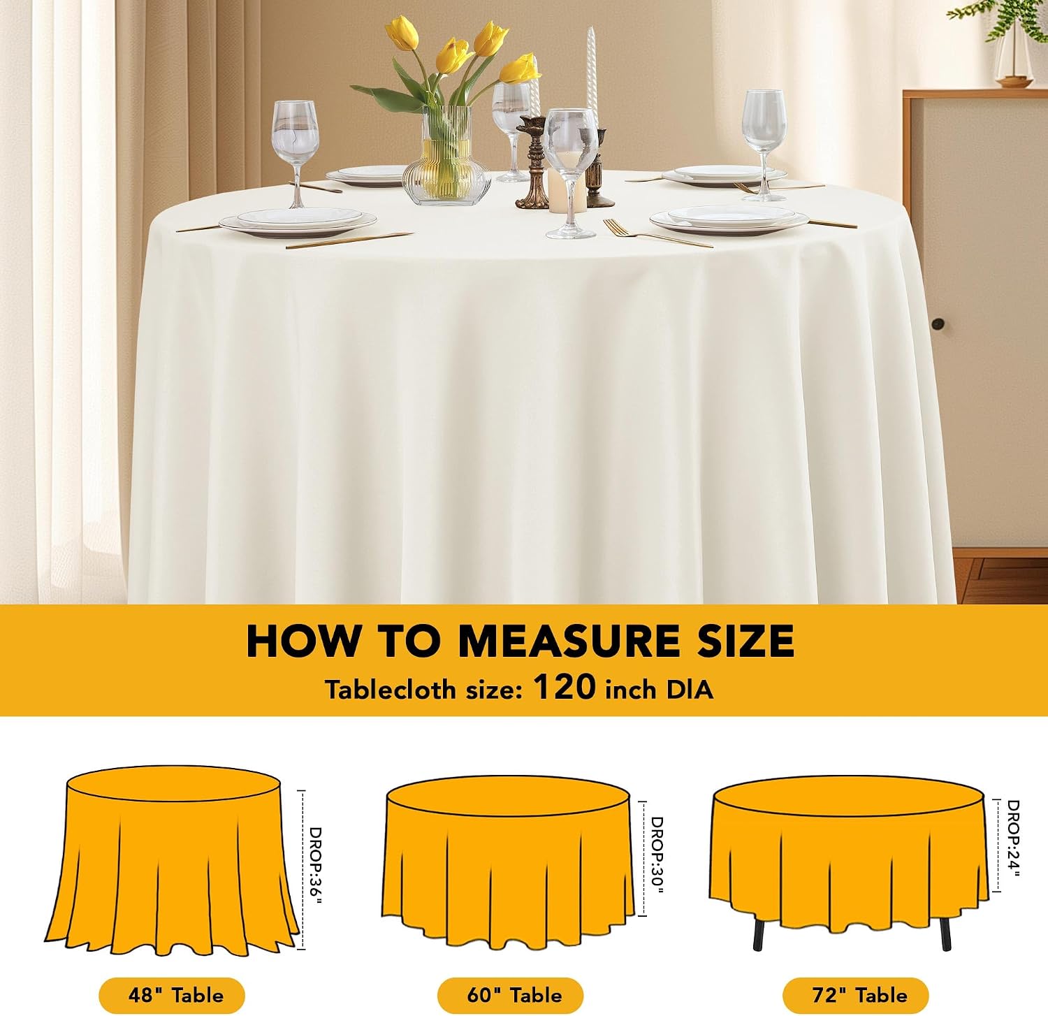 Detalle de Dailyset 6-Pack Ivory Round Tablecloths (120 Inches) for 5–6 Ft Round Tables