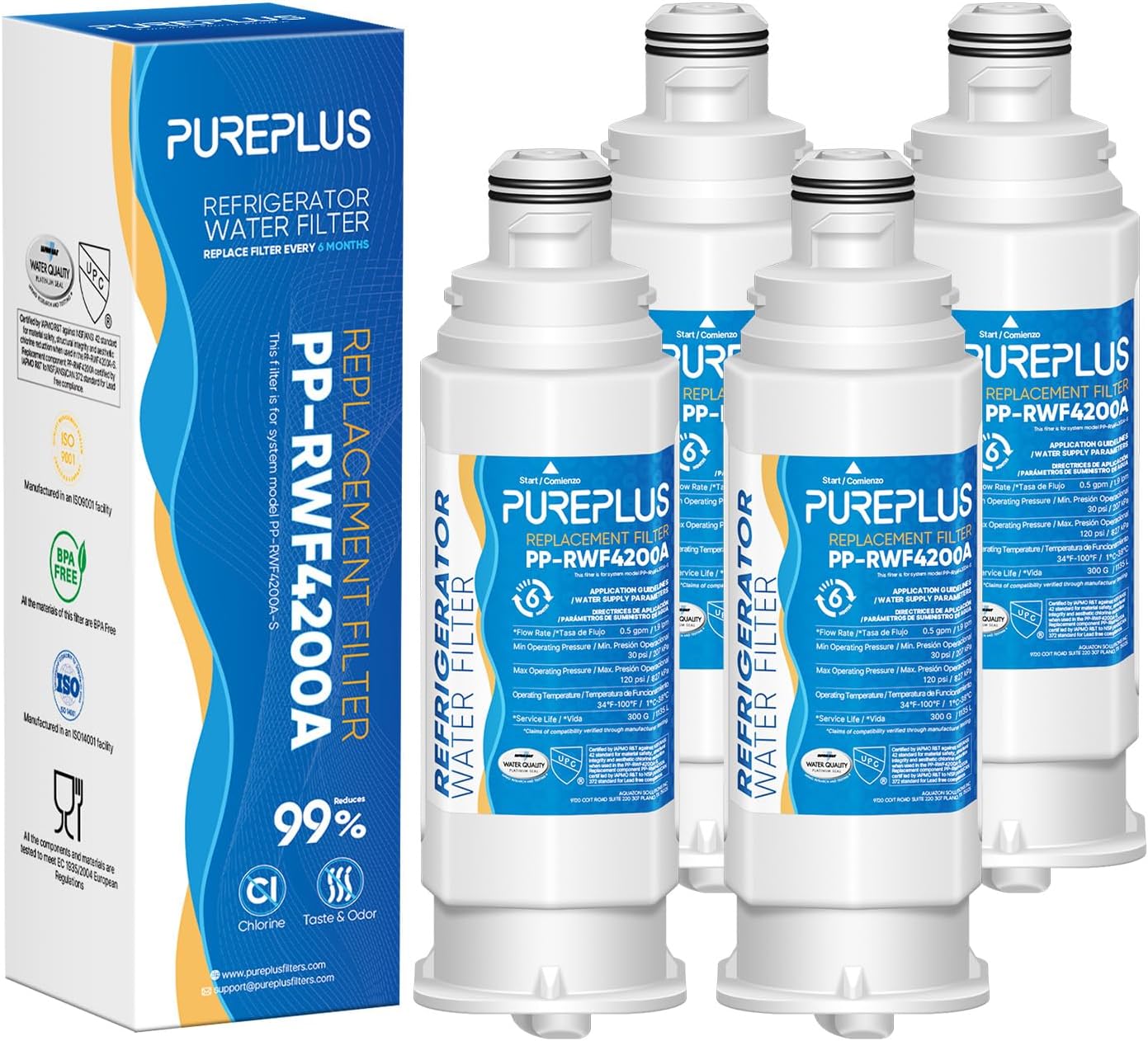 Detalle de PUREPLUS RWF4200A Refrigerator Water Filter, 4-Pack, Coconut Shell Carbon