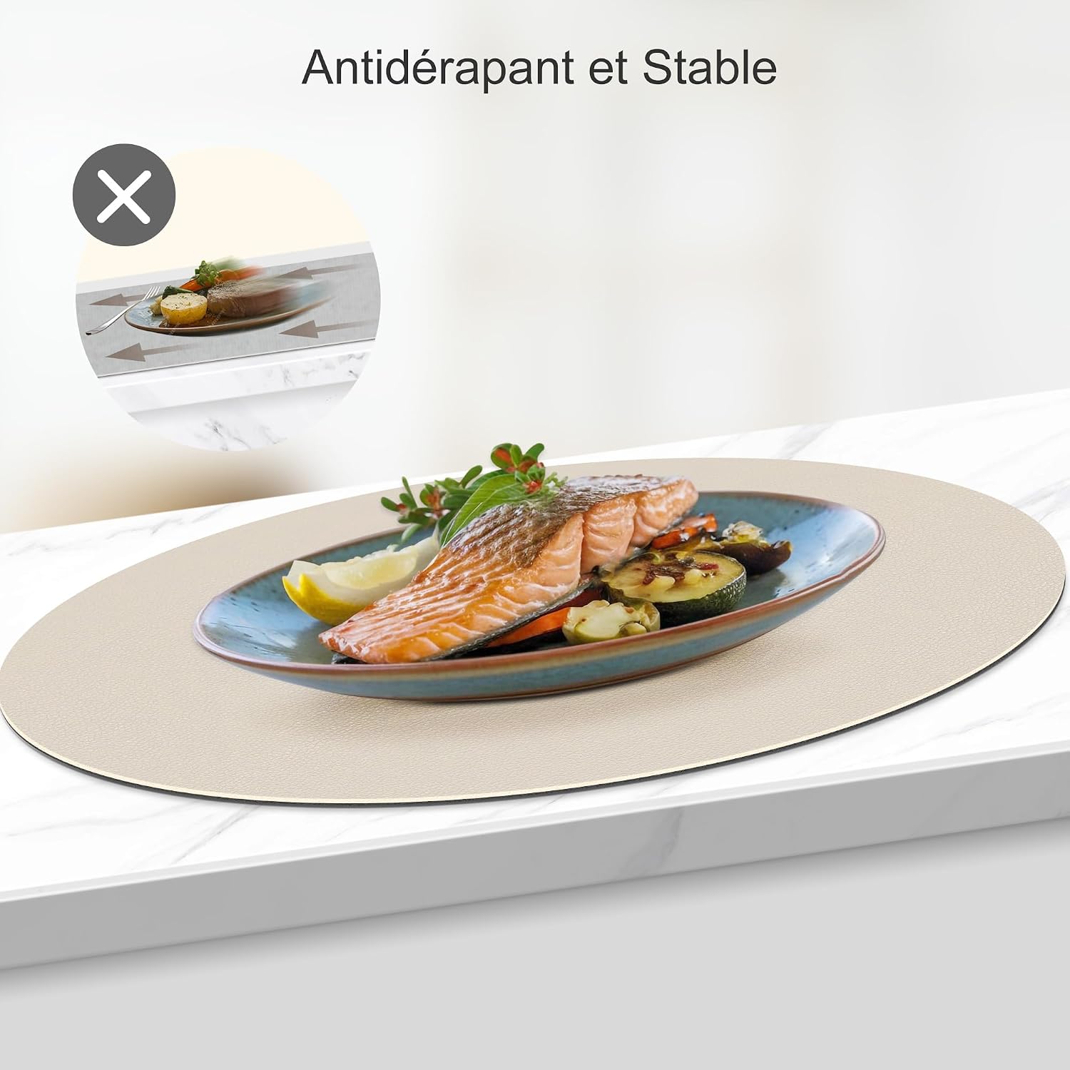 Detalle de KitchenBoss Sets de Table Ø 38 cm – Lot de 6, Dessous de Table et Verre en Similicuir Charcoal Grey + Beige
