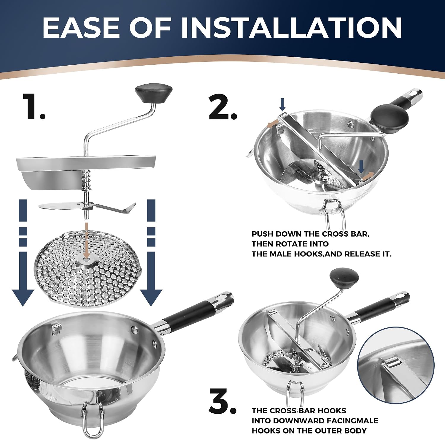 Detalle de Stainless Steel Food Mills with 3 Milling Discs — Ergonomic Rotary Design with Silicone Handle