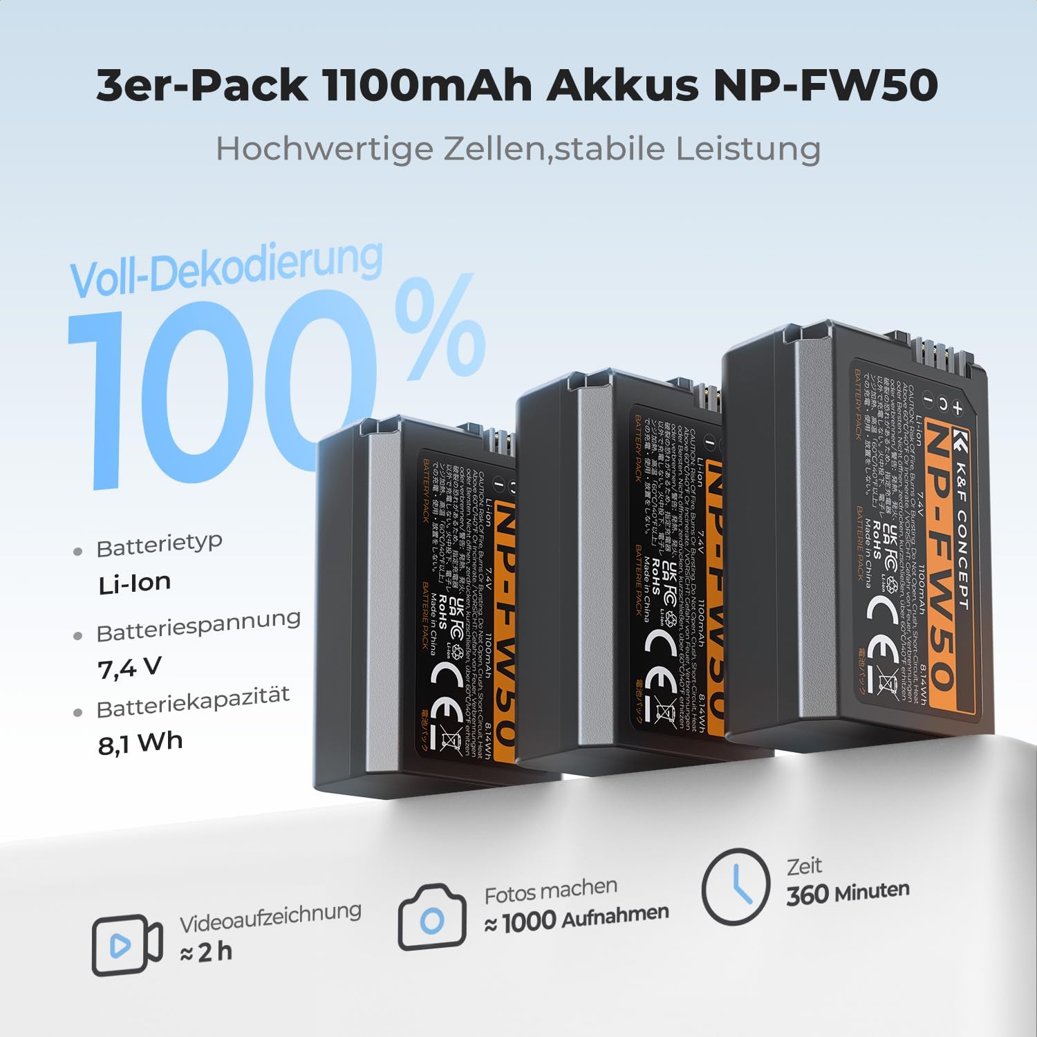 Detalle 2 de K&F CONCEPT NP-FW50 1100 mAh Akku-Set (3er-Pack) + 3-Slot-Dreifach-Ladegerät mit LCD für Sony-Kameras