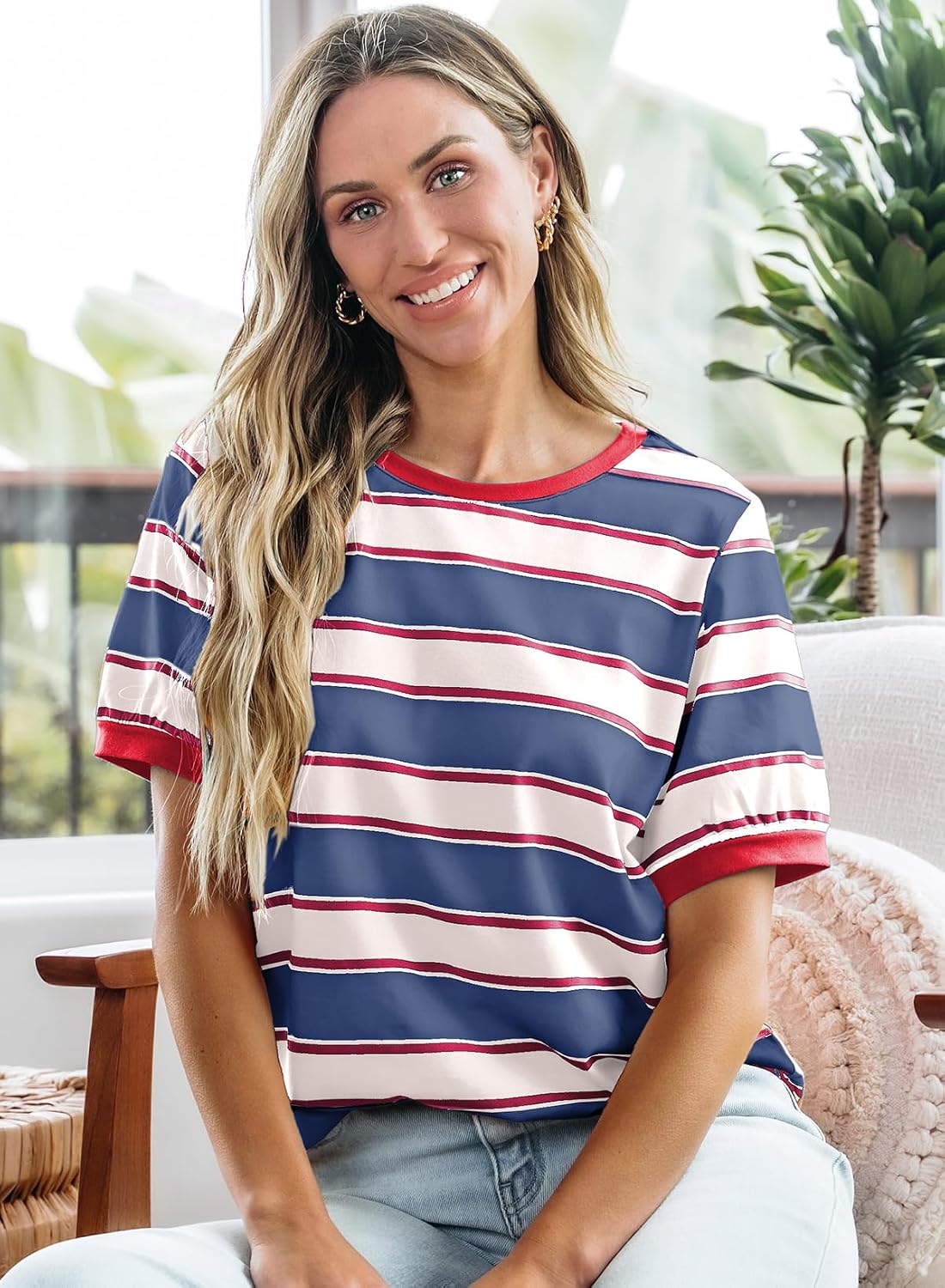Detalle de Dokotoo Womens Summer Tops 2026 Striped Color Block Short Sleeve T-Shirt