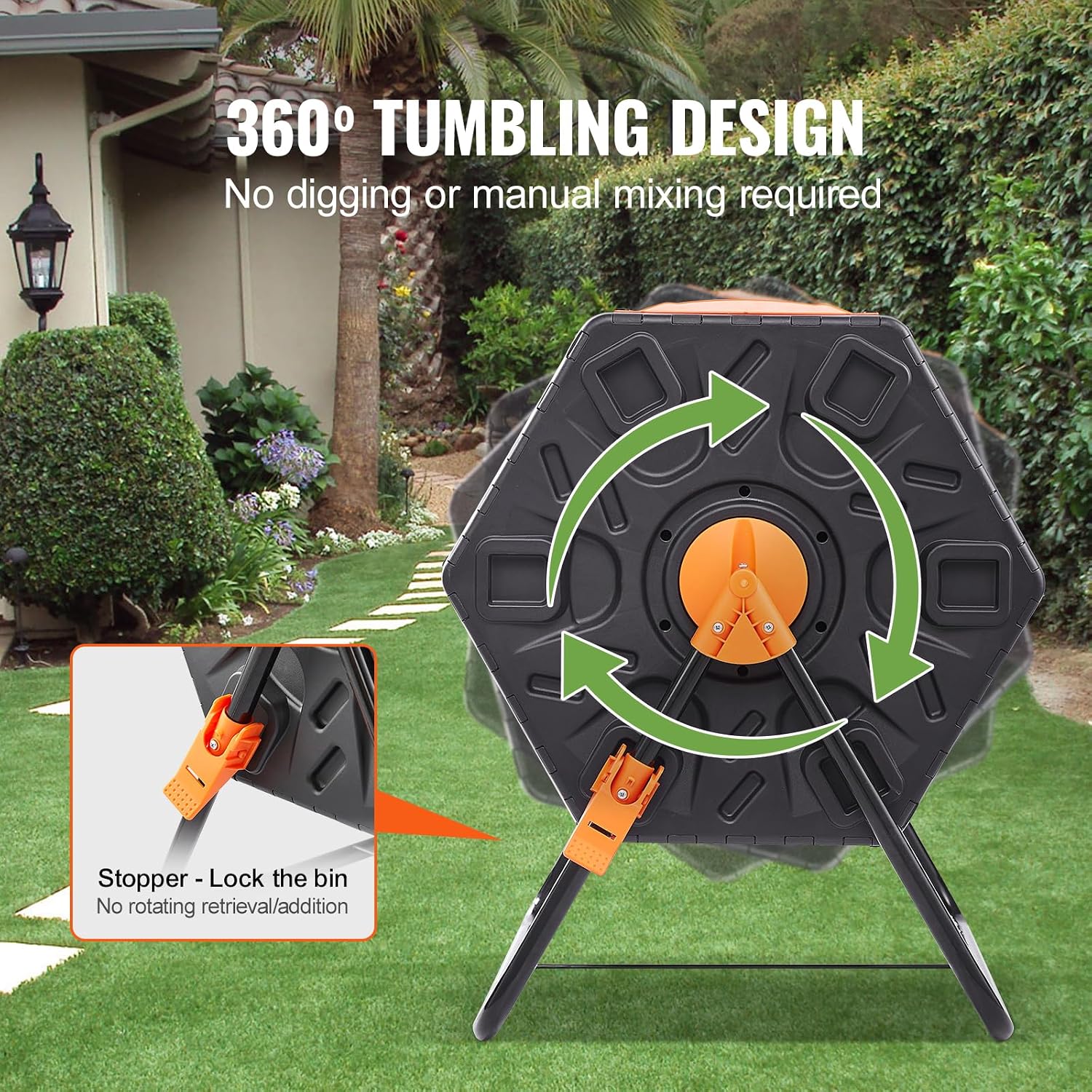 Detalle de VEVOR Composteur de Jardin Rotatif 70 L – Bac à Compost 360° en PP et Acier sans BPA
