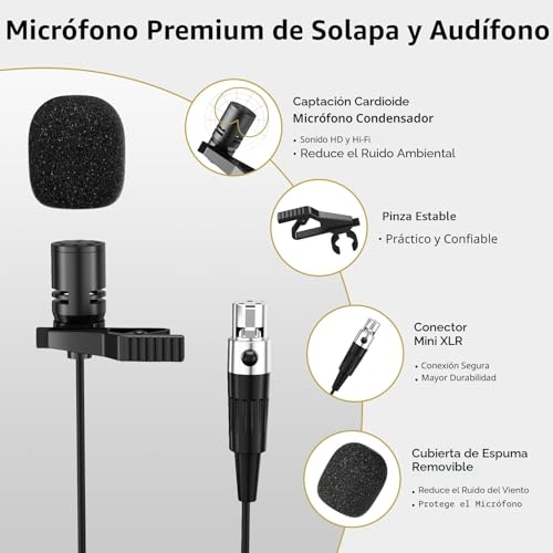 Detalle de TONOR Microfono Inalámbrico UHF con Diadema/ Lavalier y Bodypack – 60 m, 5 Frecuencias, 2 baterías