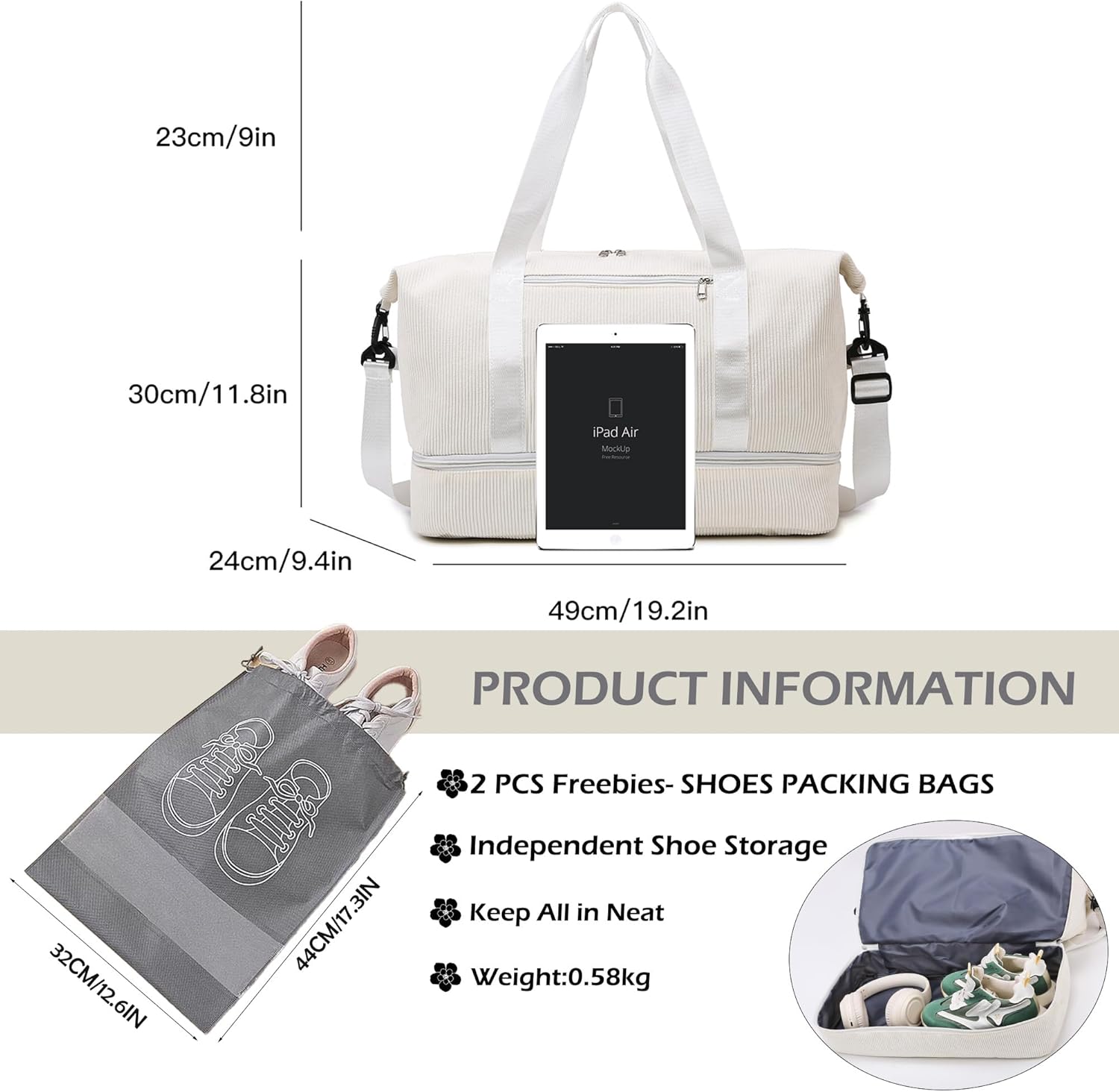Detalle de IBALULU Sporttasche 35L – vielseitige Weekender mit Schuh- und Nassfach, Cord-Optik