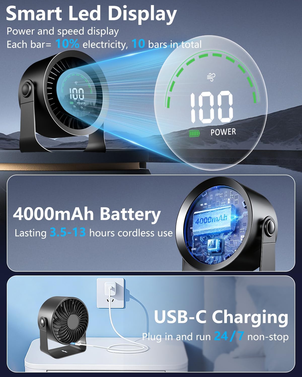 Detalle de DDKJ Portable Desk Fan: 100-Stage Quiet Cooling with USB-C, 360° Adjustment and Wall Mount