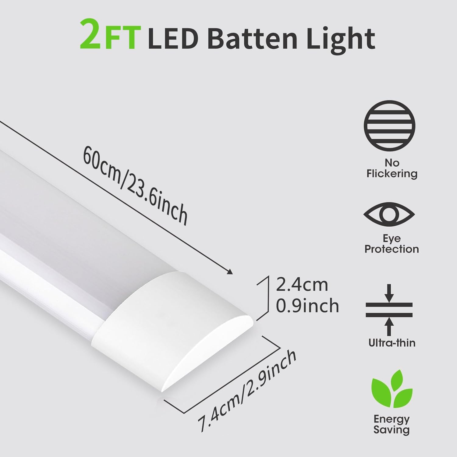 Thumbnail 1 de HUMIGA 2 Pack 2FT LED Batten Light (20W, 1800lm) – 4000K Neutral White Slim Wide Tube
