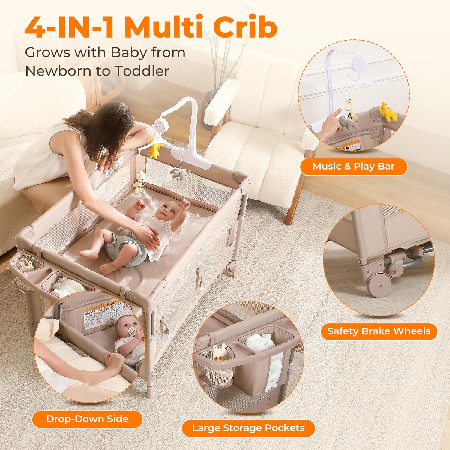 Detalle 2 de Dapue 4-in-1 Baby Playard, Beige Portable Crib with Breathable Mesh