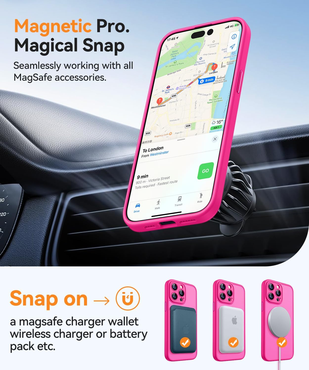 Detalle de CANSHN 360° Ständerhülle für iPhone 15 Pro – Kameraschutz, MagSafe, Matt Rosa