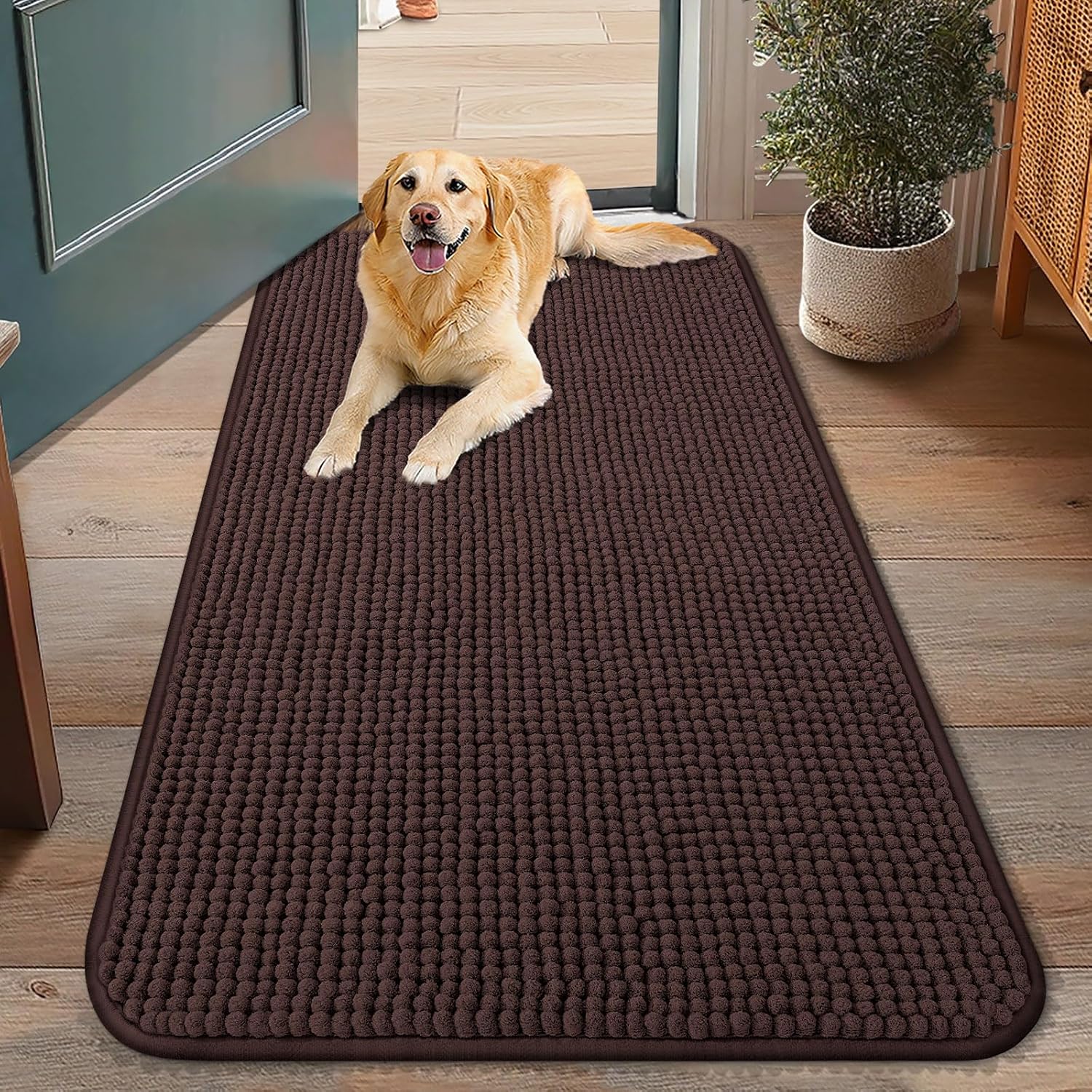 Detalle de Smiry 48" x 30" Chenille Dog Door Mat, Absorbent, Low-Profile, Non-Slip