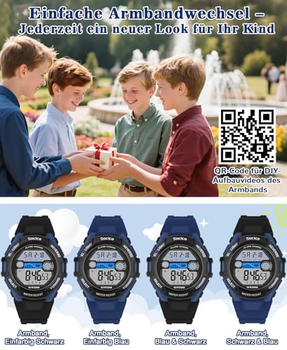 Thumbnail 6 de SOCICO Kinder Digitaluhr – wasserdicht bis 50 m, 7-Farben Nachtlicht, Stoppuhr & Alarm