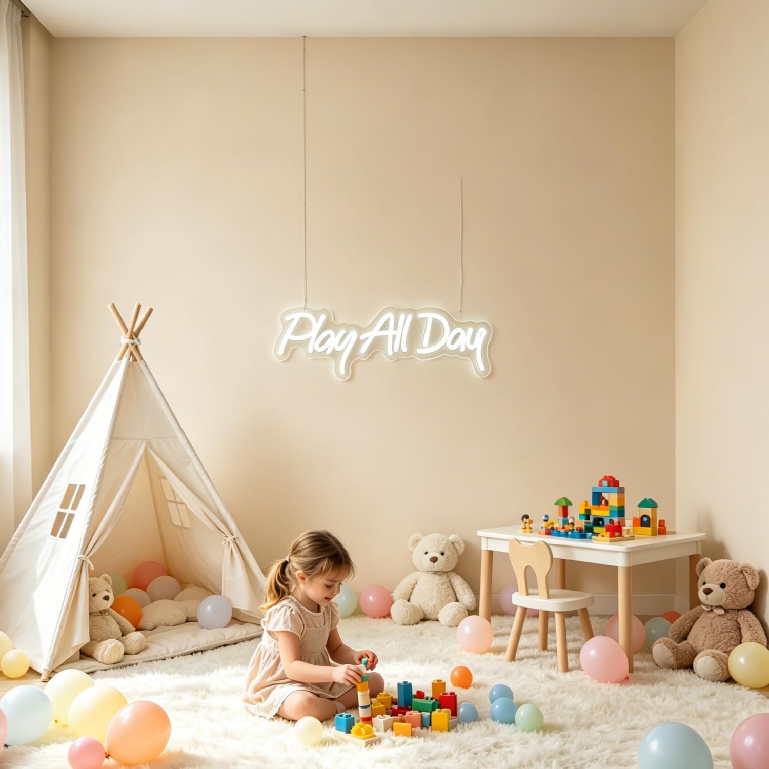Detalle de Play All Day Neon Schild – LED Weiß Neon Sign für Wanddekoration