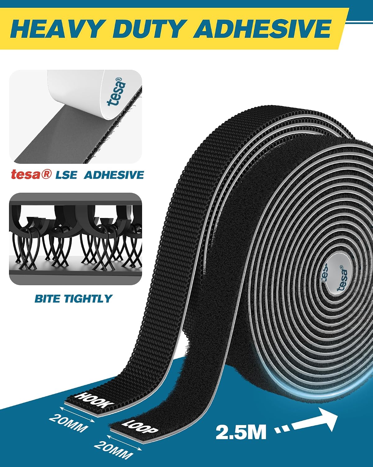 Thumbnail 1 de Emitever Hook and Loop Tape Heavy Duty (20mm x 2.5m) – strong double-sided self-adhesive mounting strip