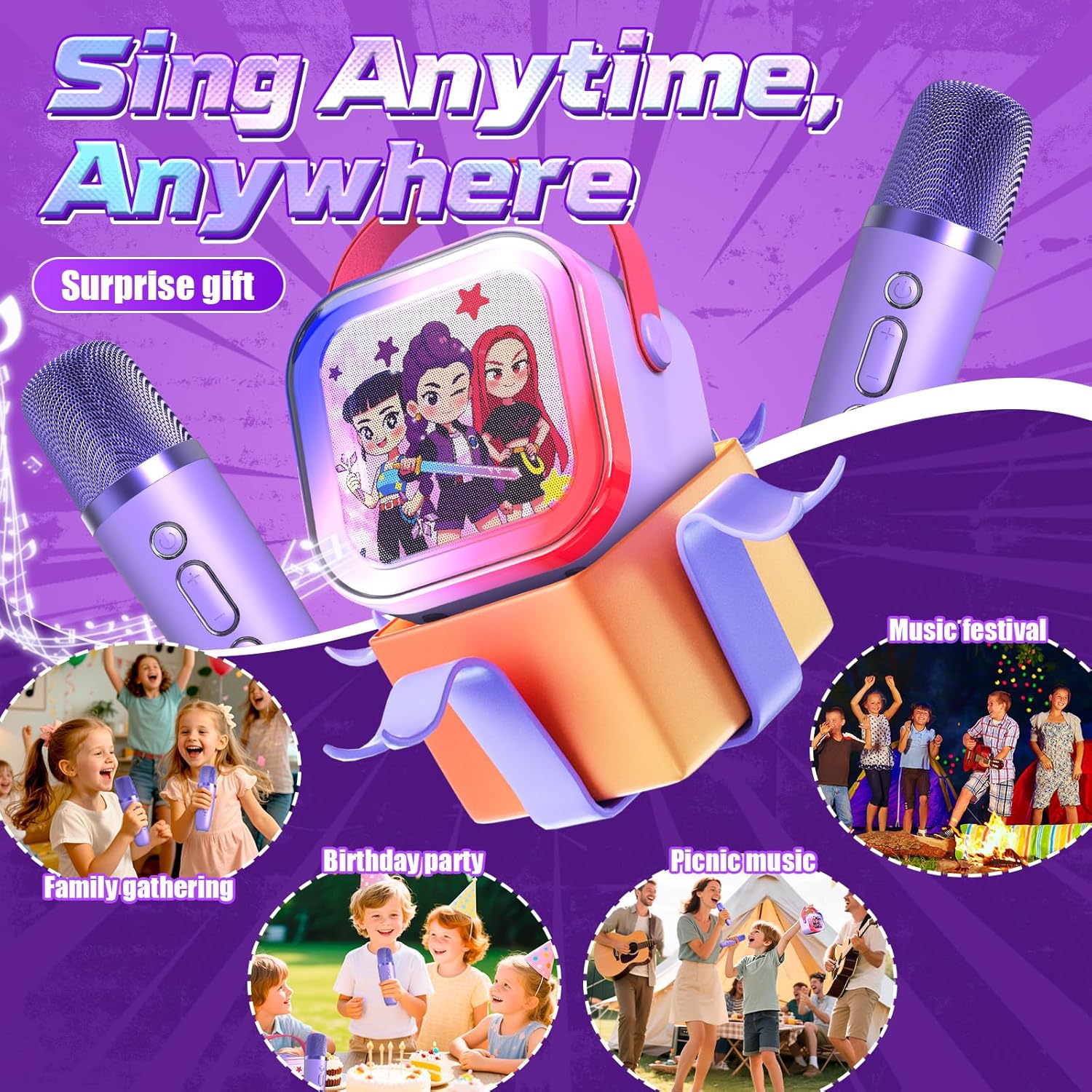 Detalle de Mini Karaoke Machine for Kids (Ages 3–12) with 2 Wireless Mics, 5 Voice Effects, LED Lights, Portable Bluetooth Speaker
