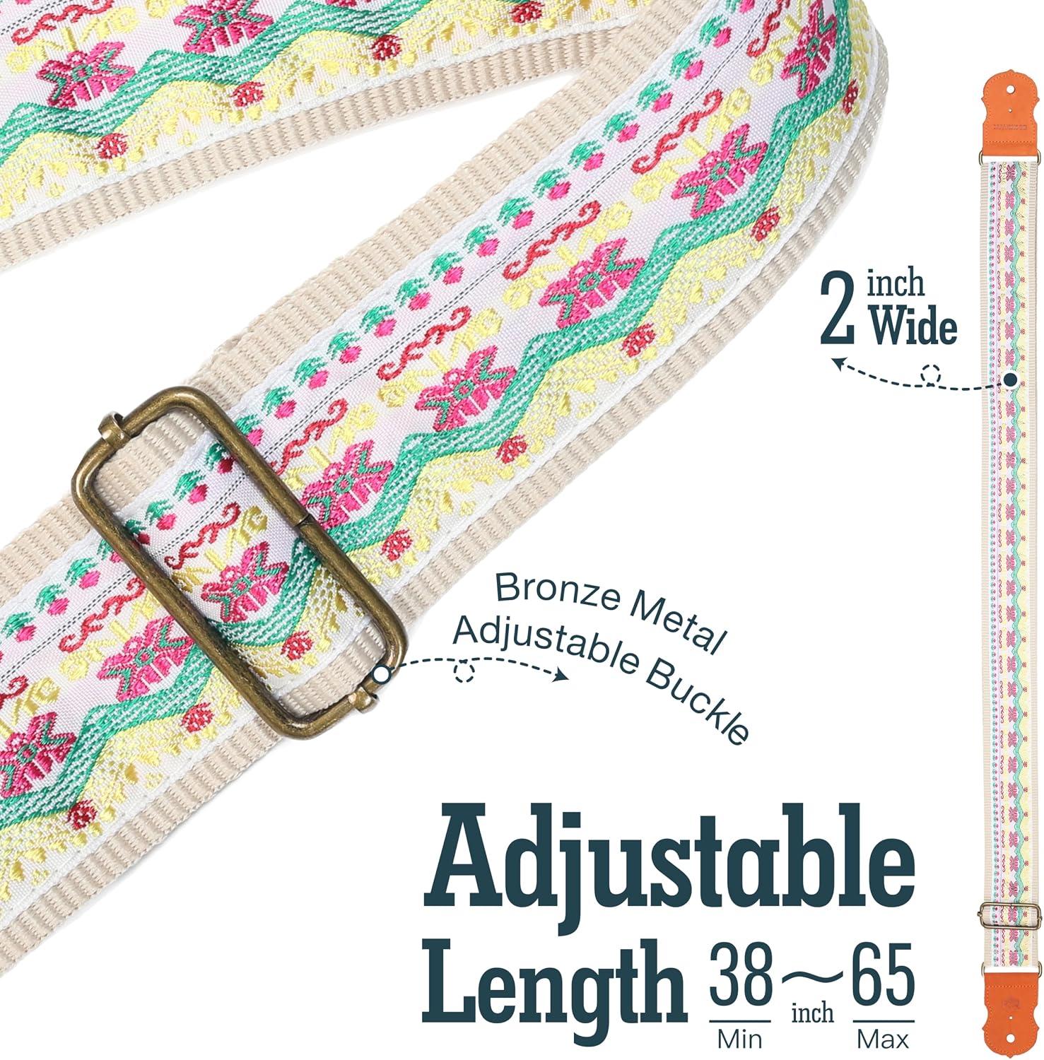 Thumbnail 4 de BOONSPARK Guitar Strap, Lotus Embroidery, 2-Inch Adjustable Cotton with Cowhide Ends