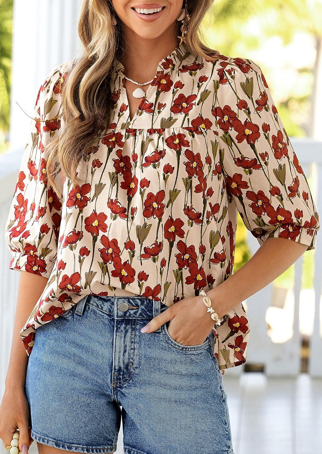 Detalle 2 de PRETTYGARDEN Women's 2026 Summer Floral Blouse: Boho-Chic, Dressy-Casual Half Sleeve V-Neck Top