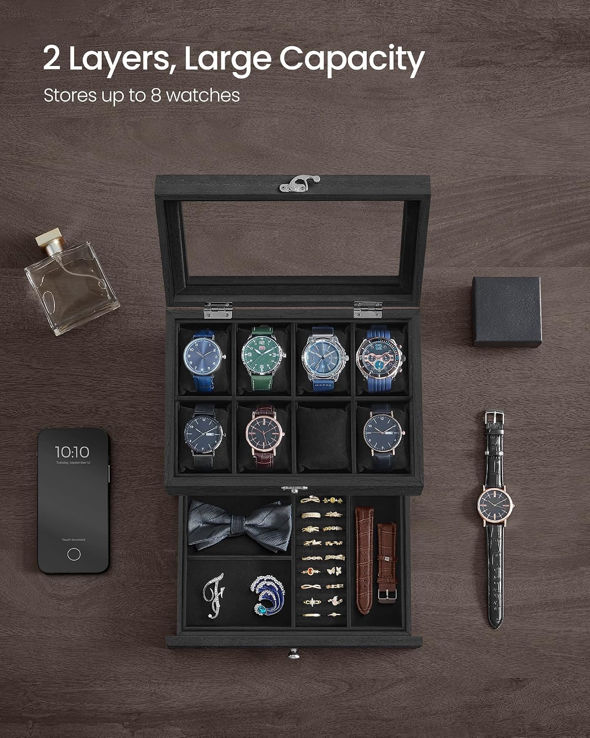 Detalle de SONGMICS Anicia JOW008B02 2-Tier Watch Box, 8 Slots and Glass Lid