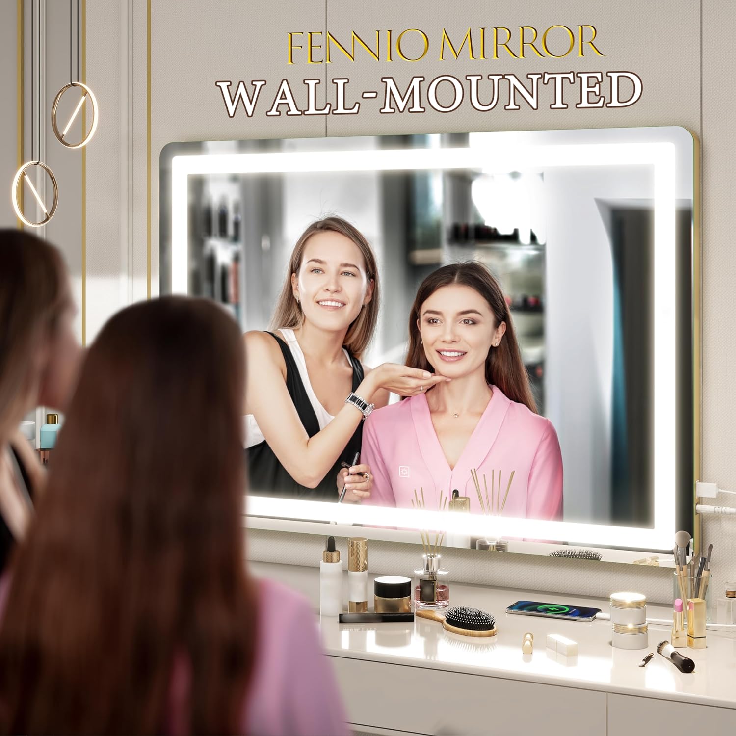 Thumbnail 3 de FENNIO Vanity Mirror with Lights 32"x22" — Lighted Makeup Mirror with 3-Color Lighting, Touch Sensor & USB Charging (Gold)