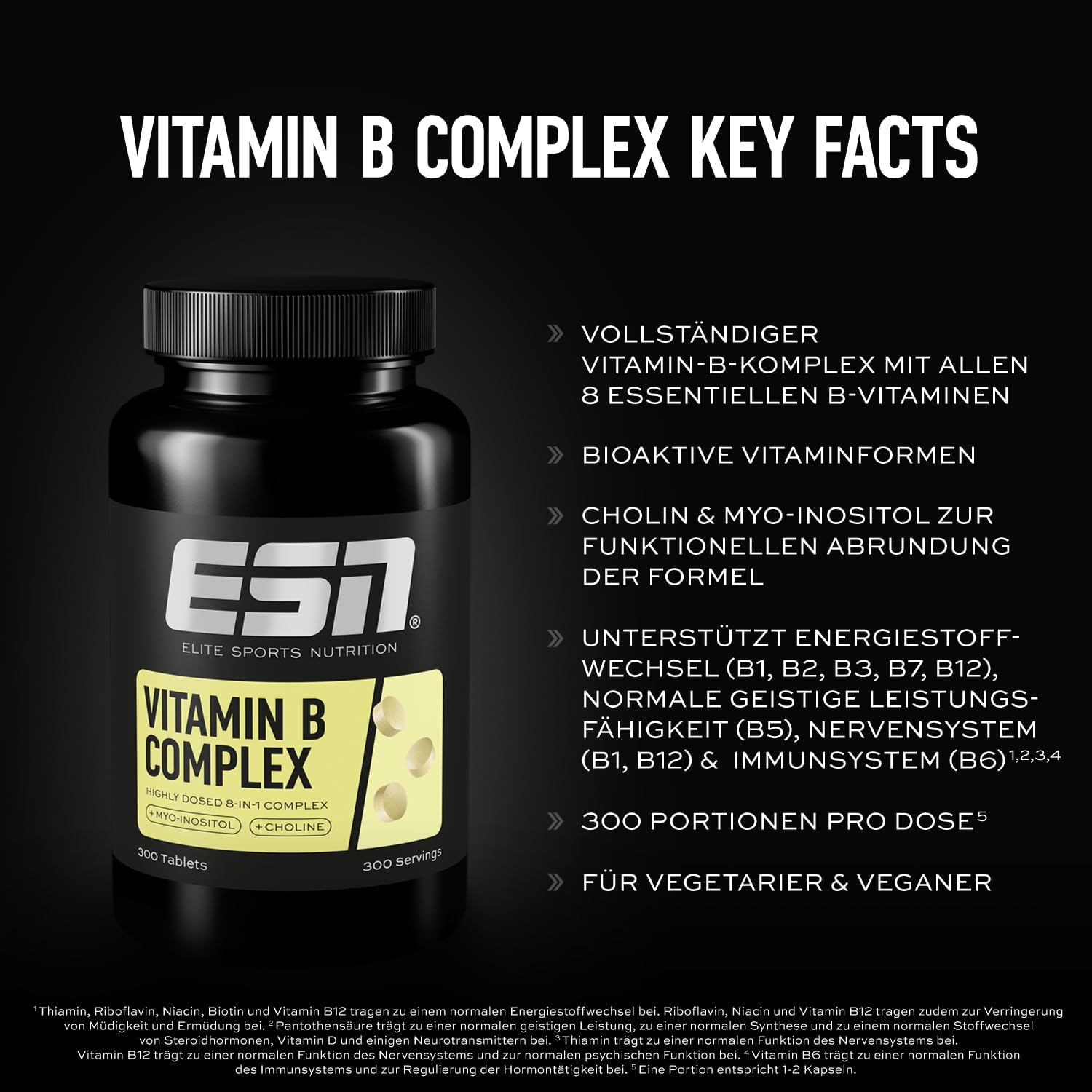 Detalle de ESN Vitamin B Complex – 300 Tabletten, 8-in-1 Komplex mit Myo-Inositol und Cholin, vegan