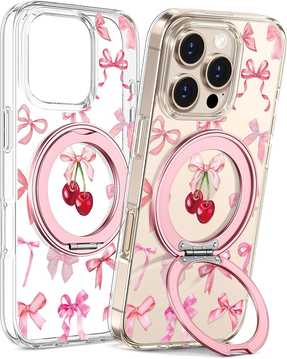 Detalle de Loheckle Clear Case for iPhone 16 Pro with 360° Rotating Stand and Bow Design
