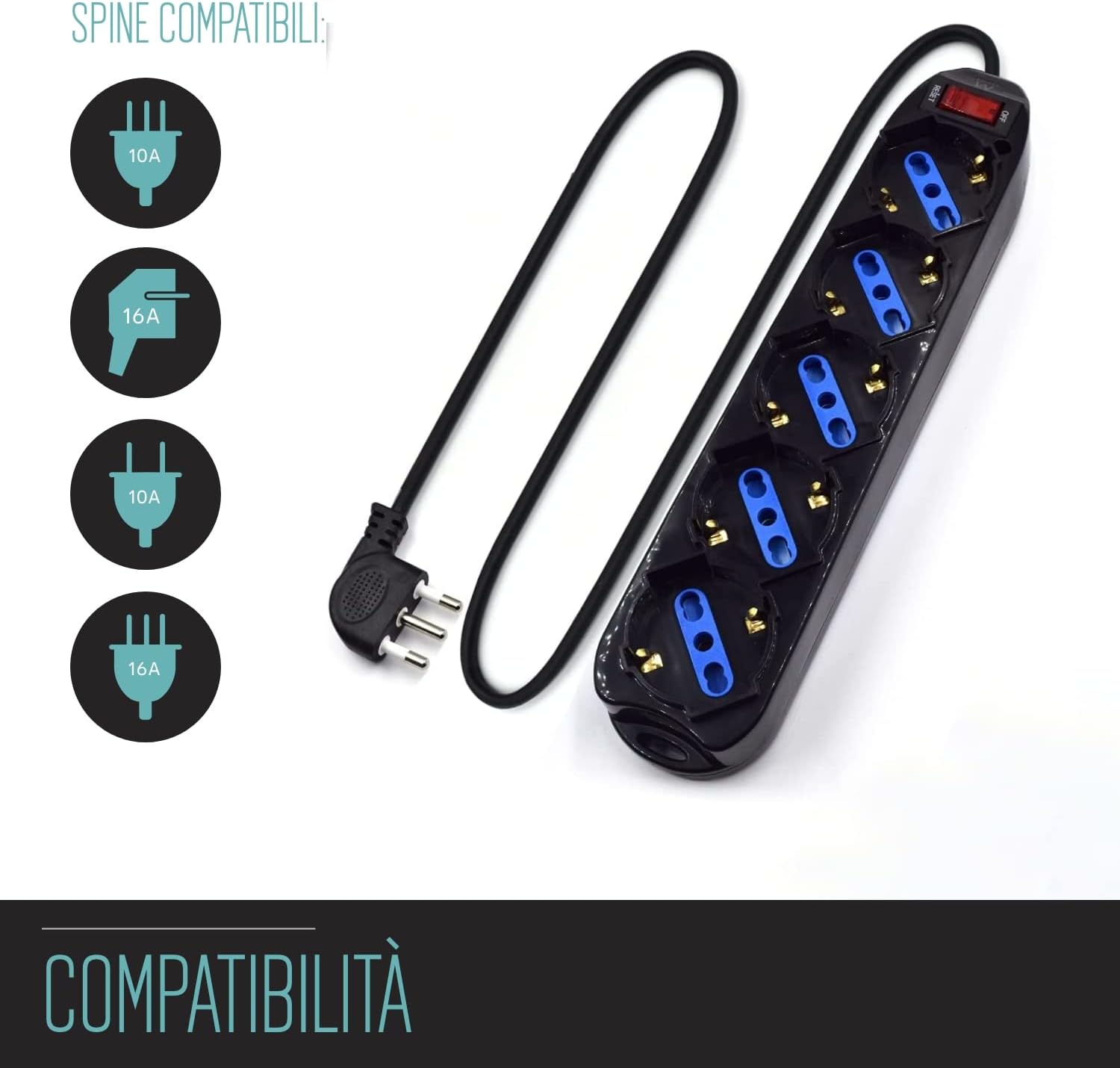 Thumbnail 1 de Multipresa a 5 Posti con Ciabatta Elettrica Angolata 45° e Spina Italiana 10A
