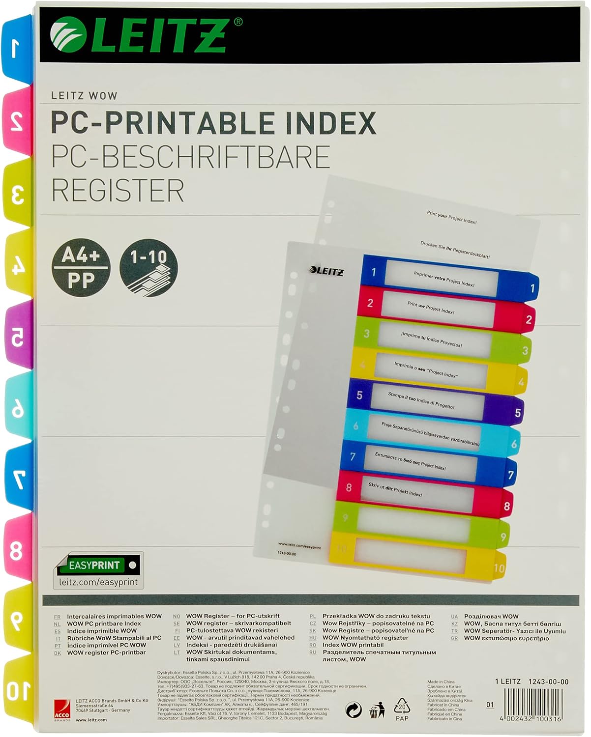 Detalle de Leitz Intercalaires WOW 1-10 A4 Extra-Large – Imprimables sur PC, Plastique Ultra-Résistant, Multicolore