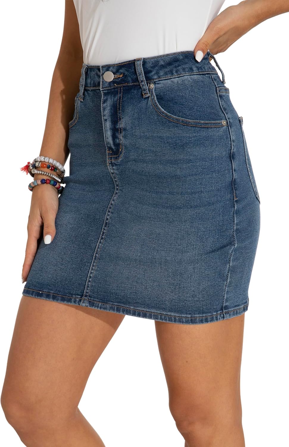 Detalle 2 de GUANYY Women's High-Waisted Denim Mini Skirt, Stretch Fabric, 5-Pocket Design