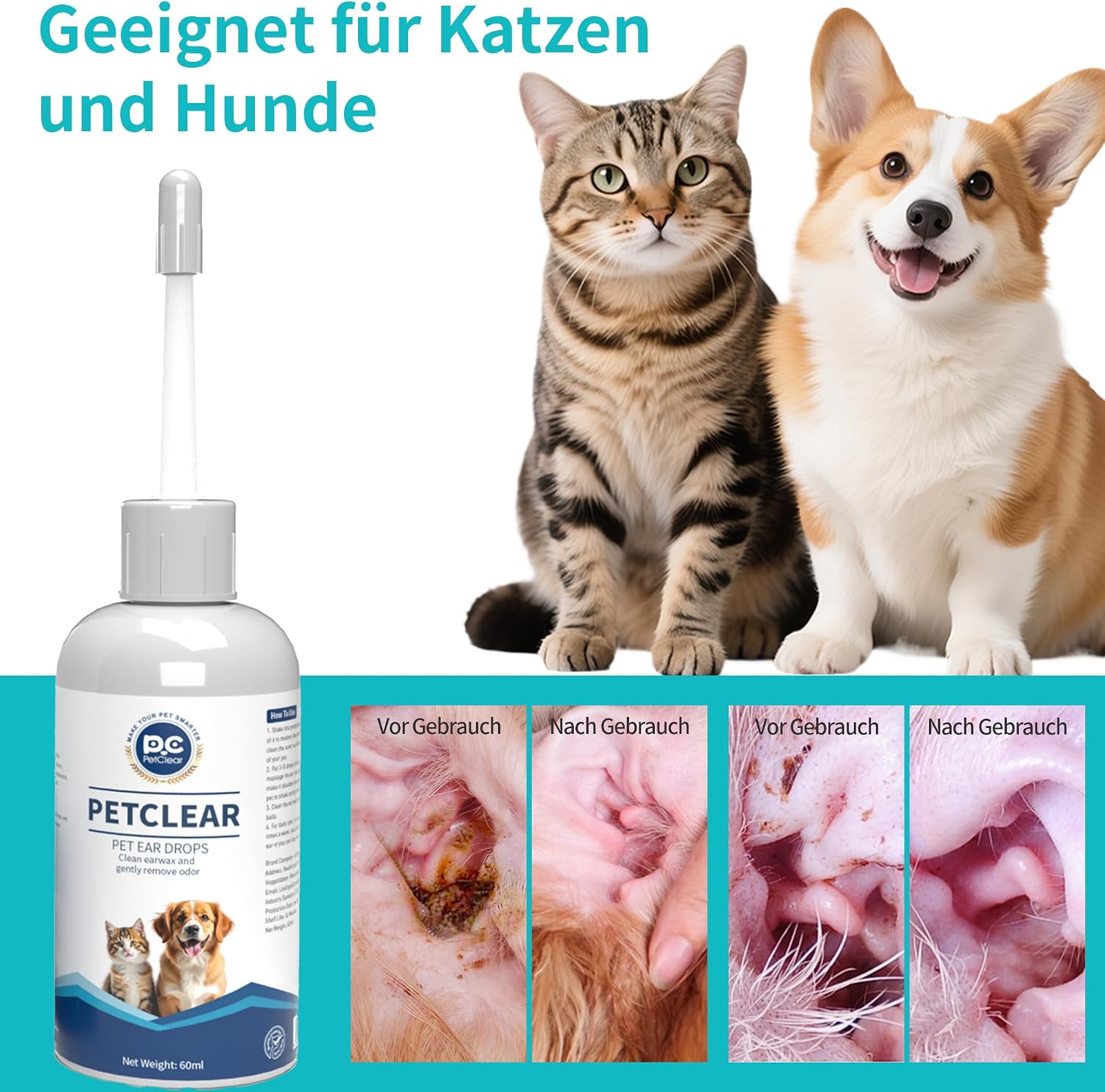 Detalle de PETCLEAR Ohrenreiniger Hund – 2x120 ml mit biegbarem Applikator