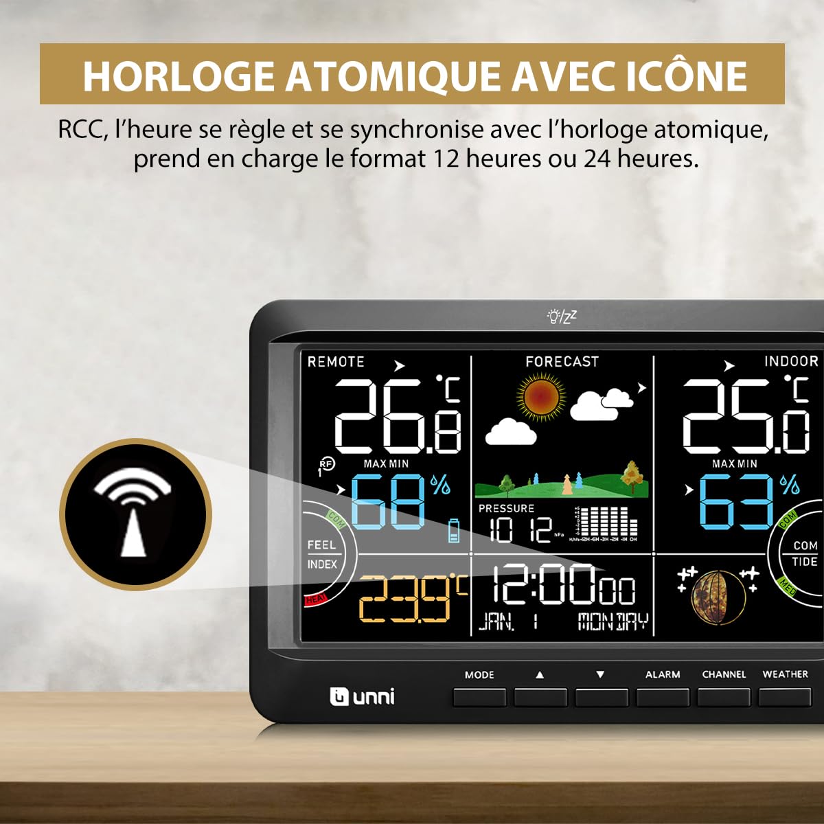 Detalle 2 de Station météo sans fil BLA : thermomètre intérieur/extérieur avec hygromètre, chaleur rosée et rétroéclairage réglable