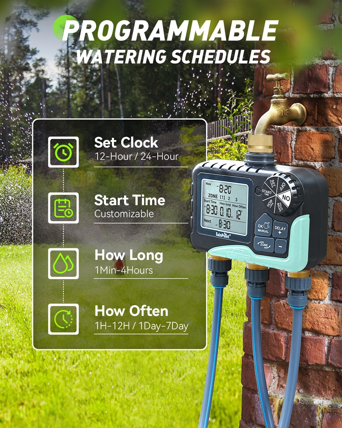Thumbnail 3 de RAINPOINT Water Timer 3 Outlets with Brass Inlet/Outlet – Automatic sprinkler timer for garden irrigation