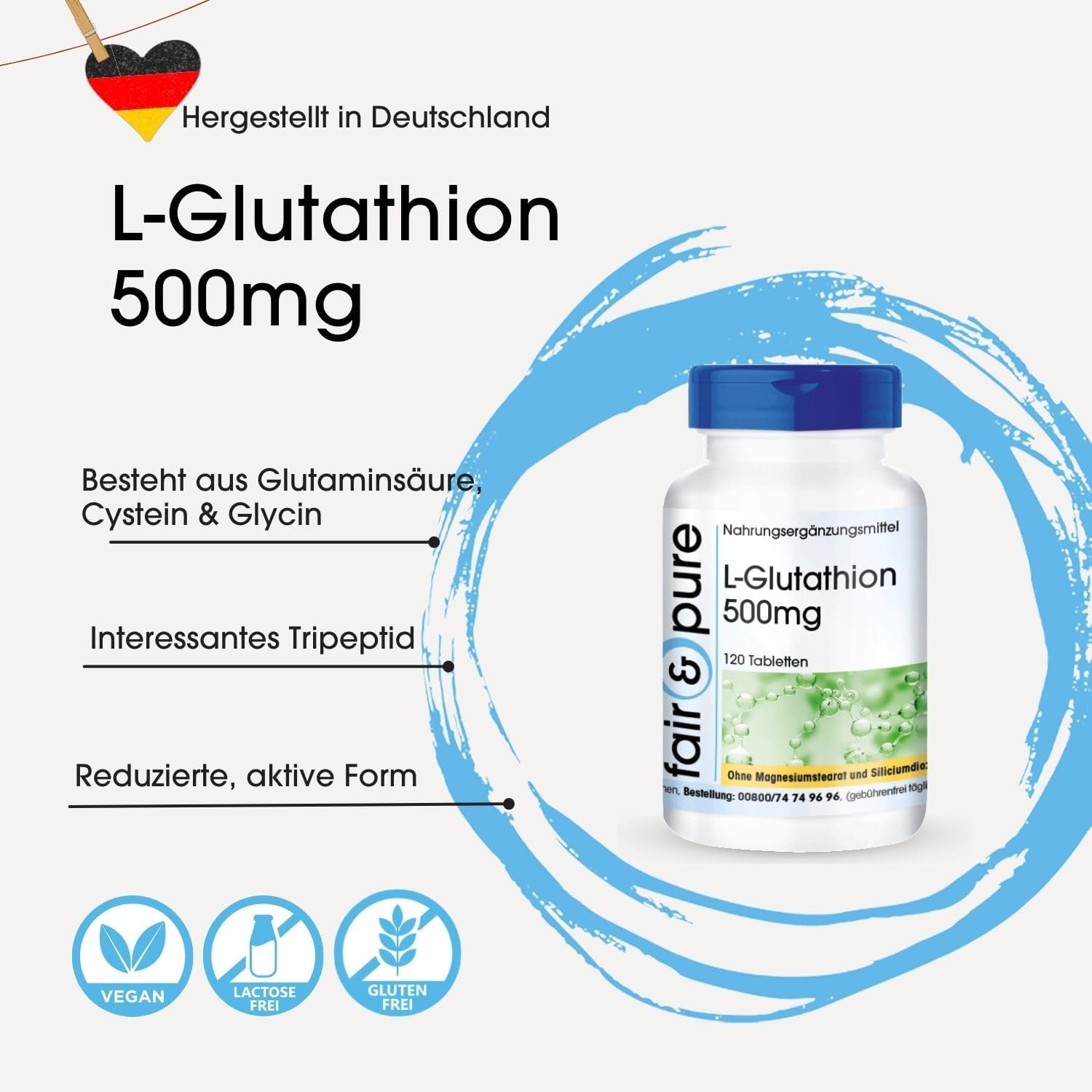 Detalle 2 de Fair & Pure L-Glutathion 500 mg, 120 Tabletten – vegan, ohne Magnesiumstearat, in Deutschland hergestellt