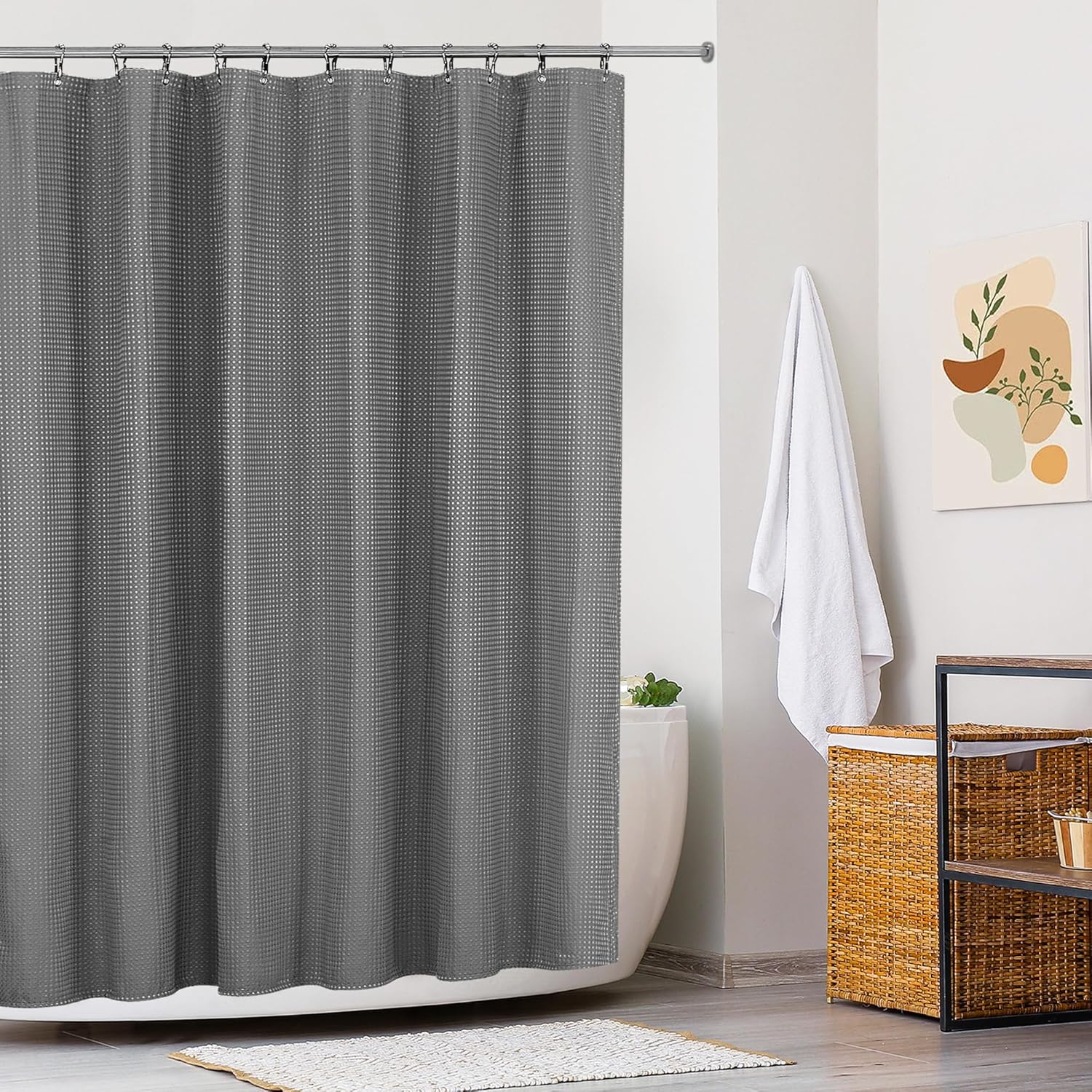 Thumbnail 1 de KAIMEIYU Rideau de Douche en Tissu Polyester Lavable en Machine, 180x200 cm – Motif Waffle Grisé avec 12 Crochets Métalliques