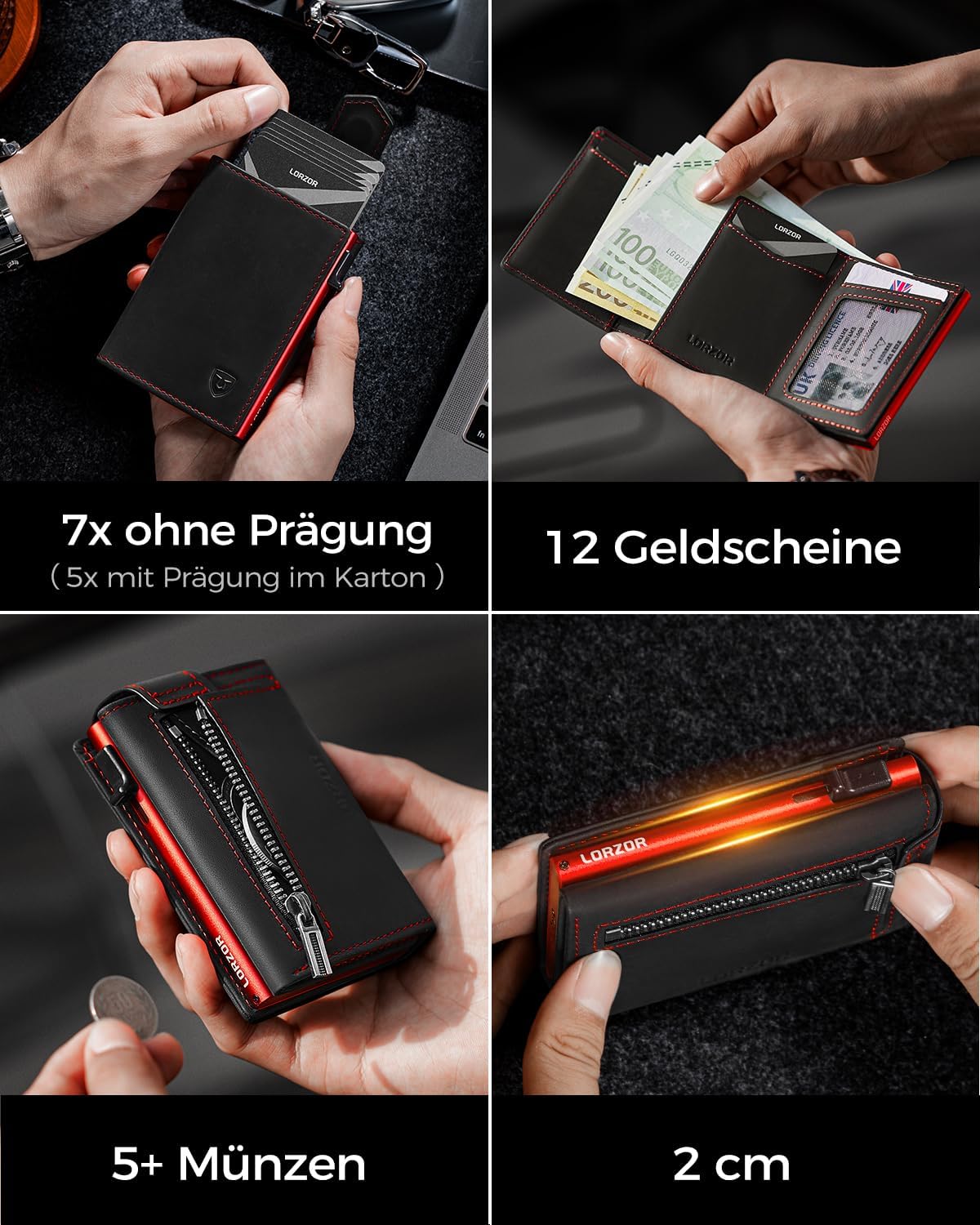 Thumbnail 4 de LORZOR Kartenetui mit Magnetverschluss & RFID-Schutz (rot) – Slim Wallet mit Münzfach für bis zu 10 Karten