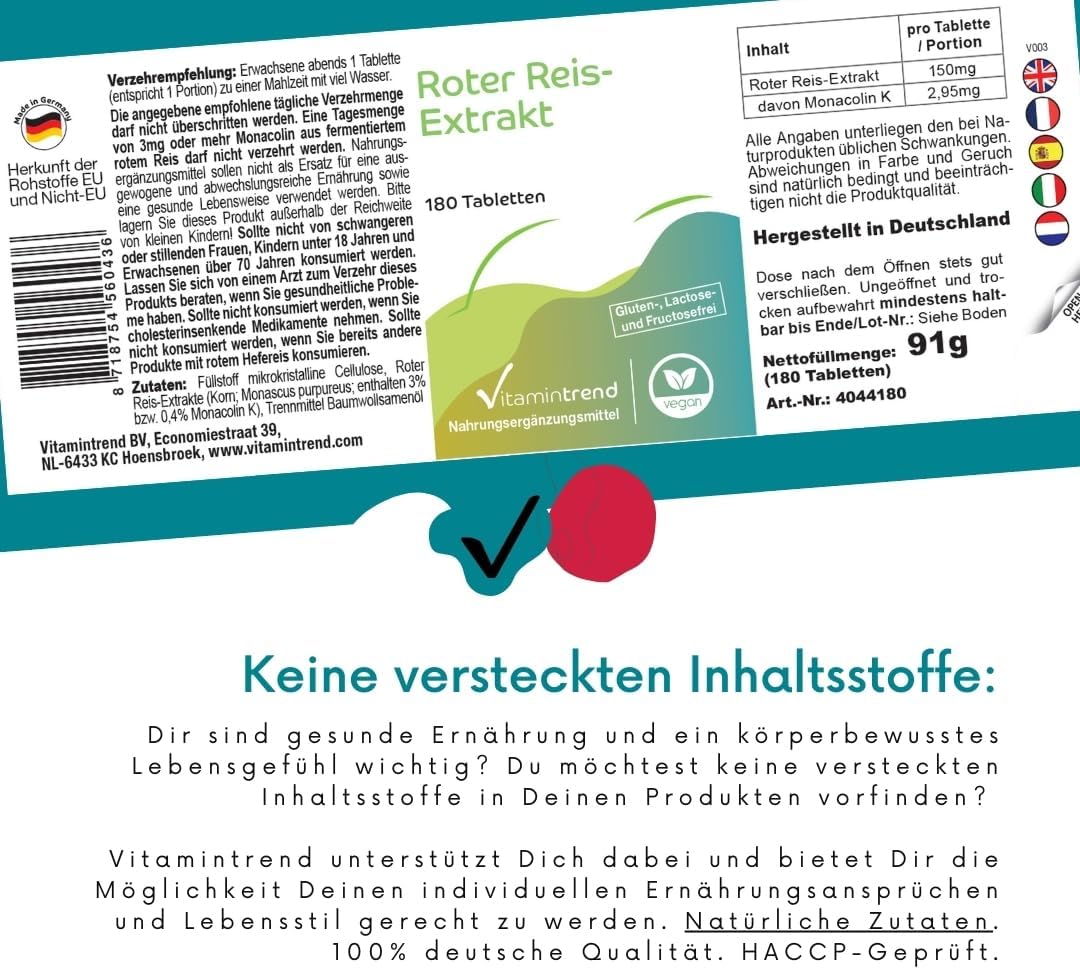 Thumbnail 3 de Vitamintrend Roter Reis Extrakt 150 mg, 180 Tabletten – schluckfreundlich, Monacolin K 2,95 mg pro Tablette, vegan und in Deutschland hergestellt