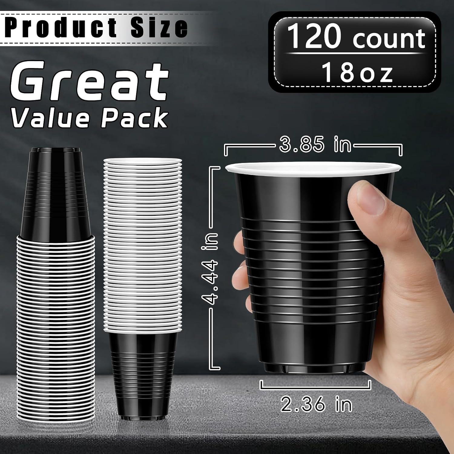 Detalle 1 de mwellewm GHJSDR Black Plastic Party Cups, 18 oz, Wide Mouth