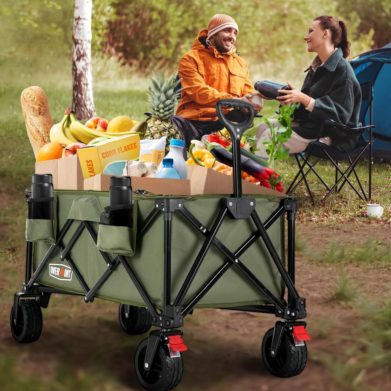 Detalle 2 de Overmont 150kg Festival Camping Trolley on Wheels (Heavy-Duty Folding Beach Wagon Cart) – Green