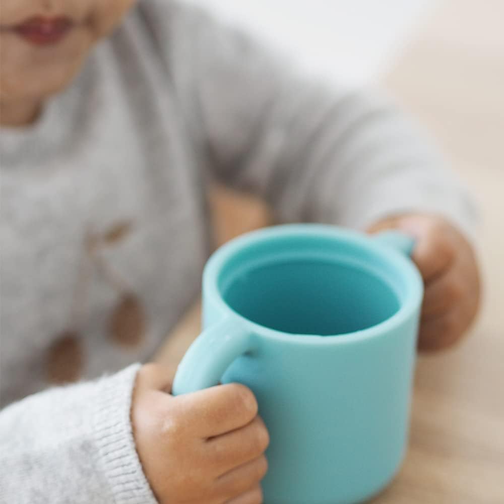 Detalle de BÉABA 2 in 1 Tazza/Biberon da Allenamento in vetro con maniglie rimovibili – 210 ml, Blu Vento