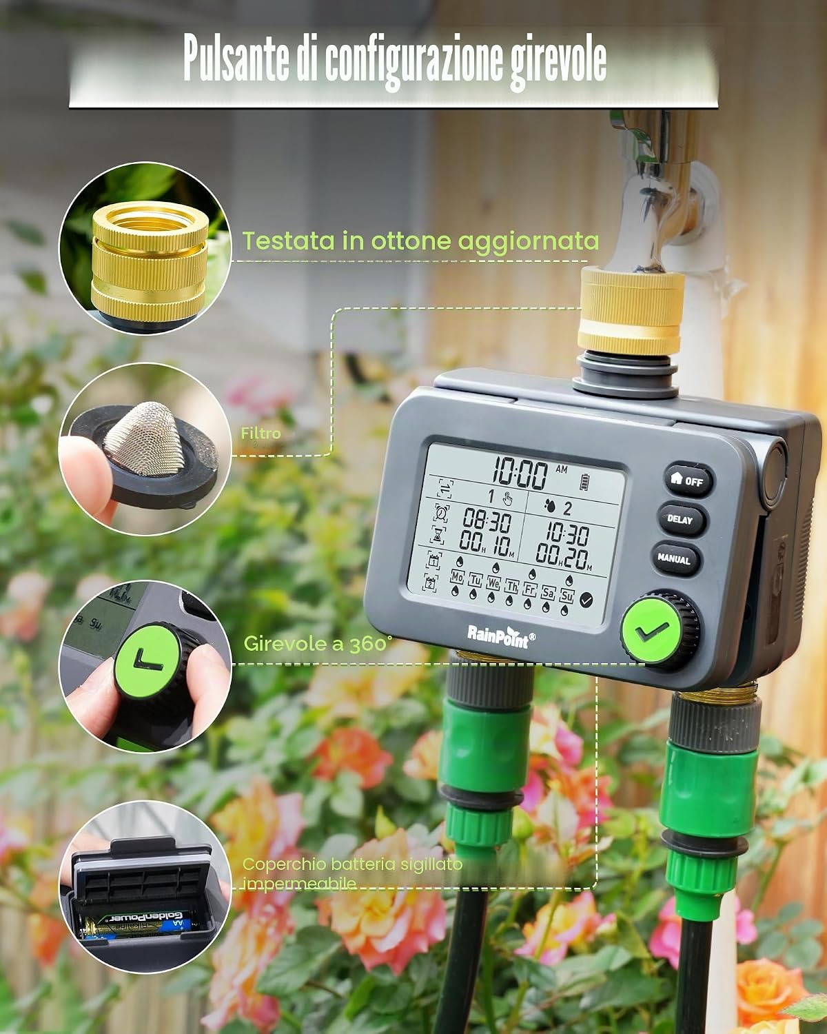 Detalle 2 de RAINPOINT Centralina irrigazione con 2 uscite, timer con ritardo pioggia, IP54 e LCD grande (ingresso/uscita in ottone)