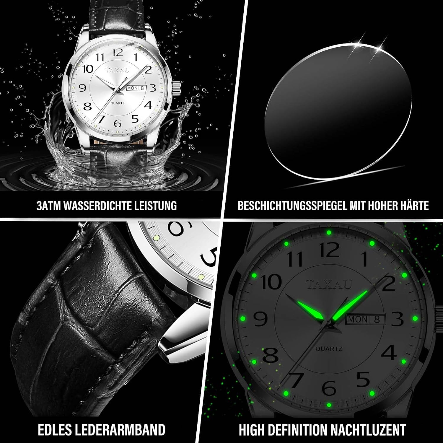 Thumbnail 3 de Taxau Klassische Lederuhr Männer Analog Quarz 41 mm