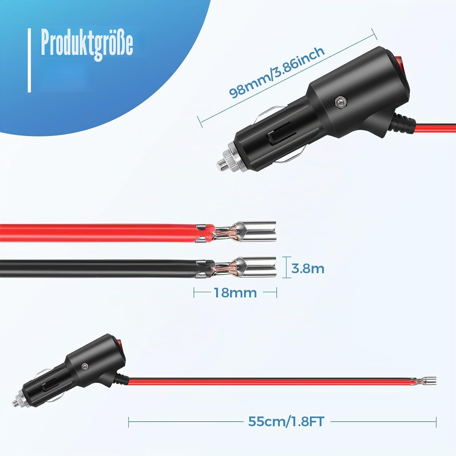 Thumbnail 5 de Thlevel Zigarettenanzünder Verlängerungskabel 55 cm 14AWG mit Schalter & 15A Sicherung – 2er-Set
