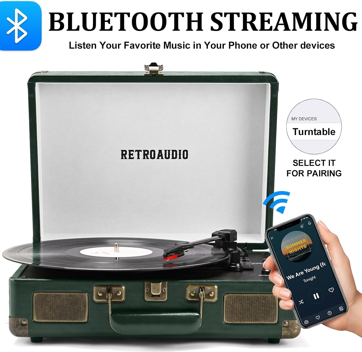 Detalle de RetroAudio 3-Speed Belt-Driven Suitcase Record Player with Bluetooth