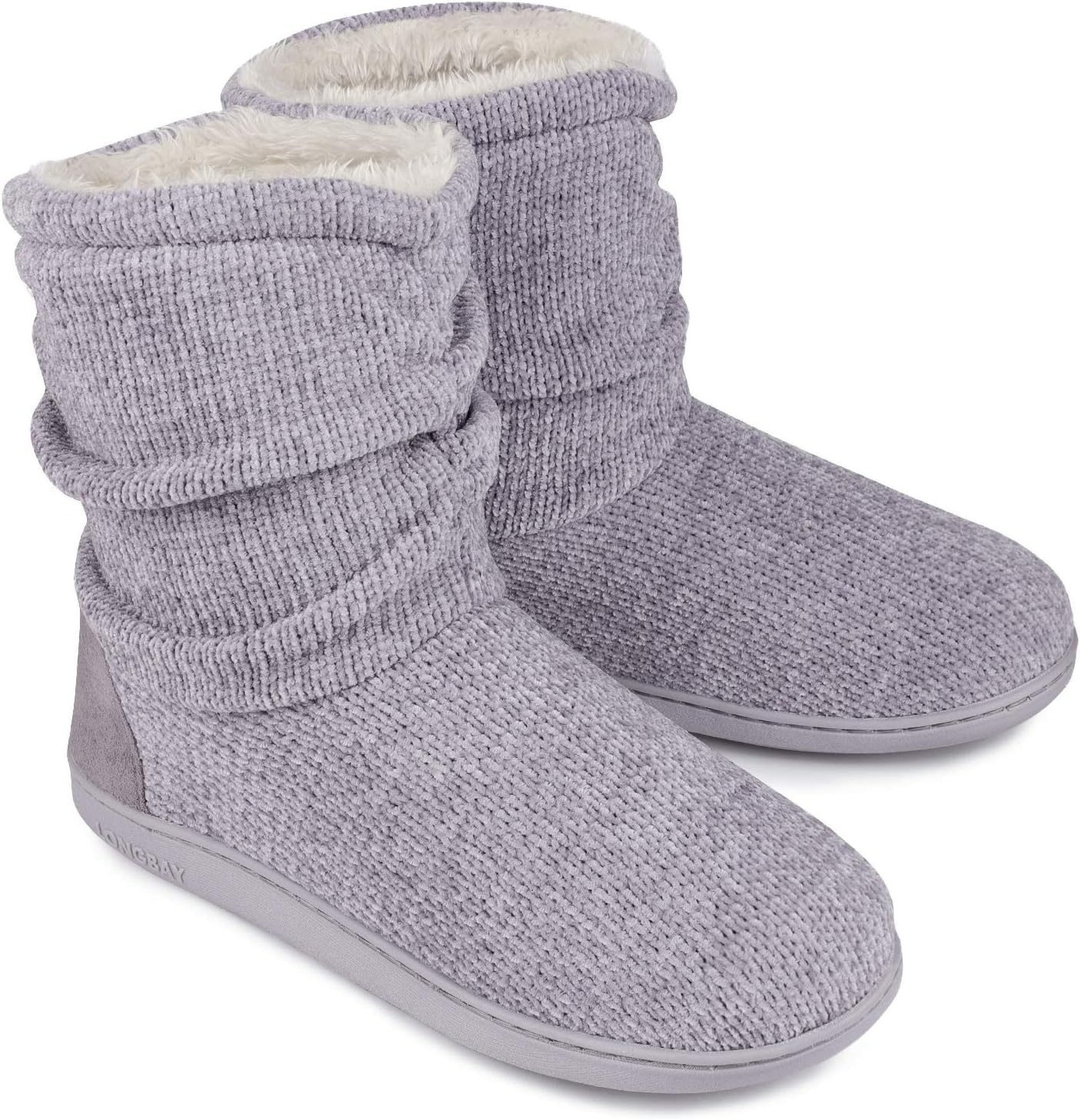 Detalle de LongBay Ladies Bootie Slippers Memory Foam Fur Collar Bootee – Plush Lined, 5/6 UK, Grey