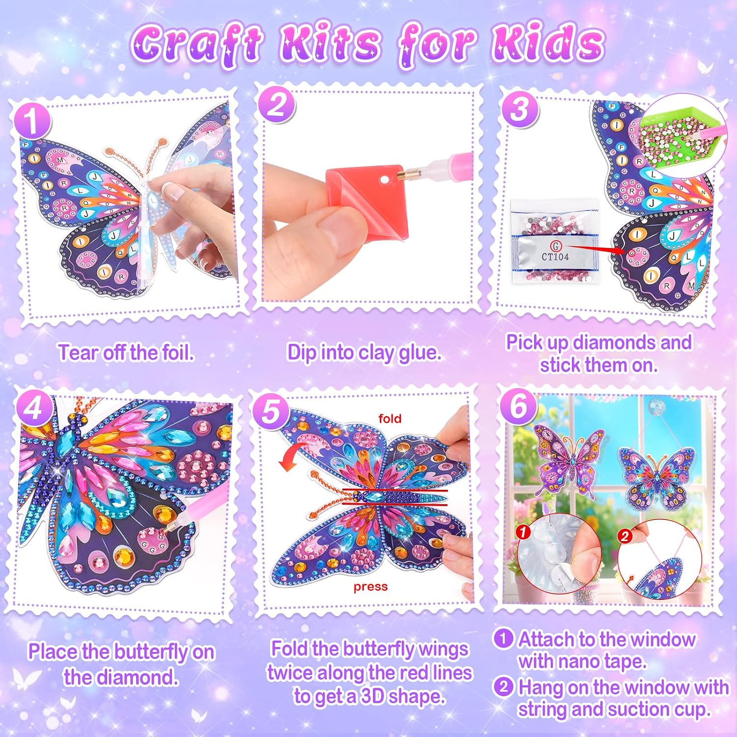 Detalle de Gifts for 5–12 Year Old Girls: 3D Butterfly Diamond Painting Sun Catcher Kit for Window Decoration