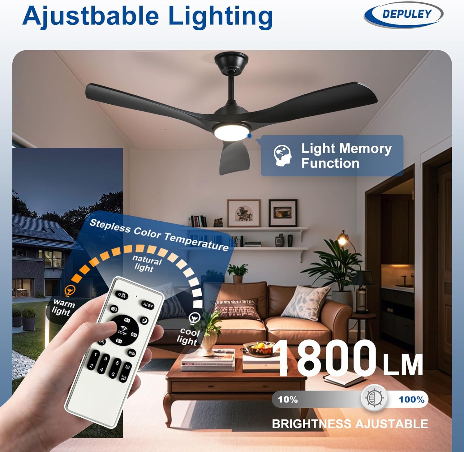 Detalle de Depuley 52-Inch Ceiling Fan with Light: Black 3 Blade Outdoor/Indoor Fandelier