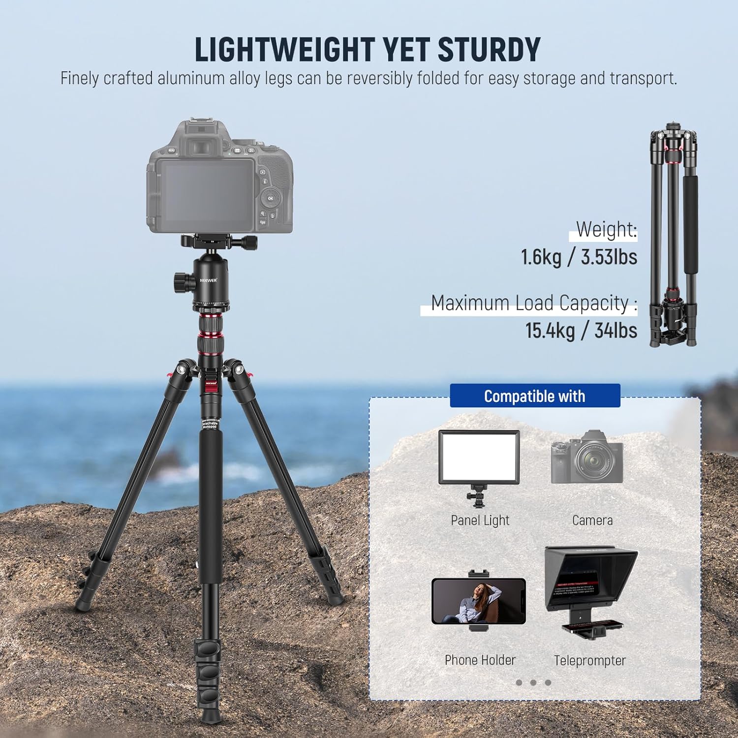Detalle 2 de NEEWER TP77 アルミ製カメラ三脚 360°ボール雲台・一脚兼用・耐荷重15.4kg